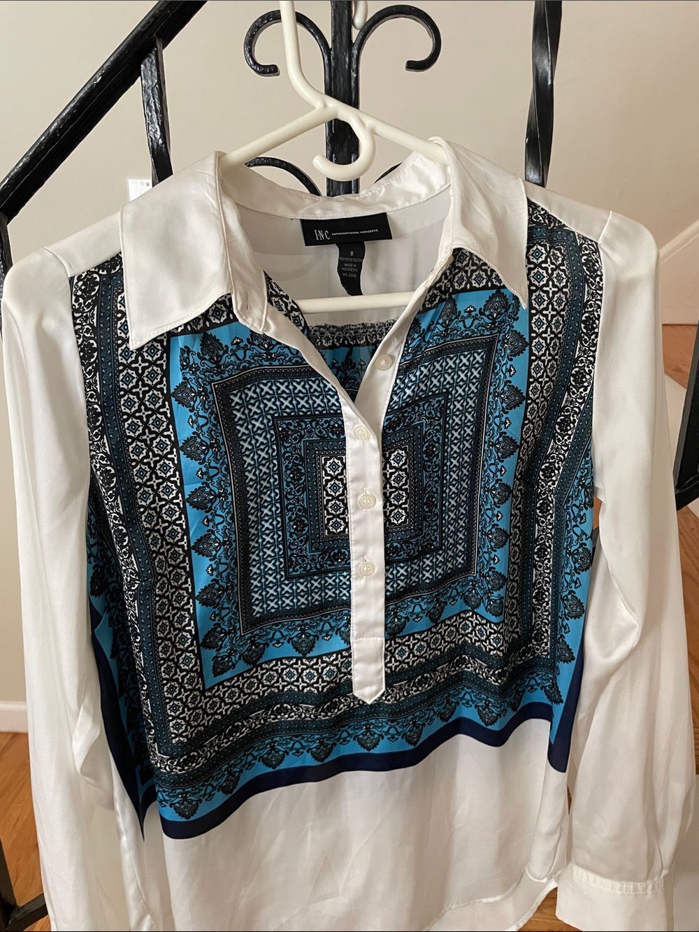 INC International Concepts White Button-Front Blouse with Blue & Black Print